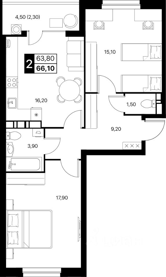 2-комн.кв., 66,1 м², 5/12 этаж