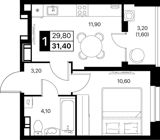 1-комн.кв., 31,4 м², 7/12 этаж