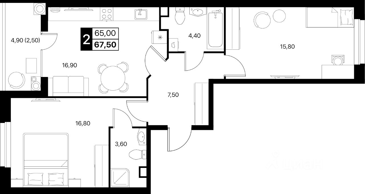 2-комн.кв., 67,5 м², 2/12 этаж