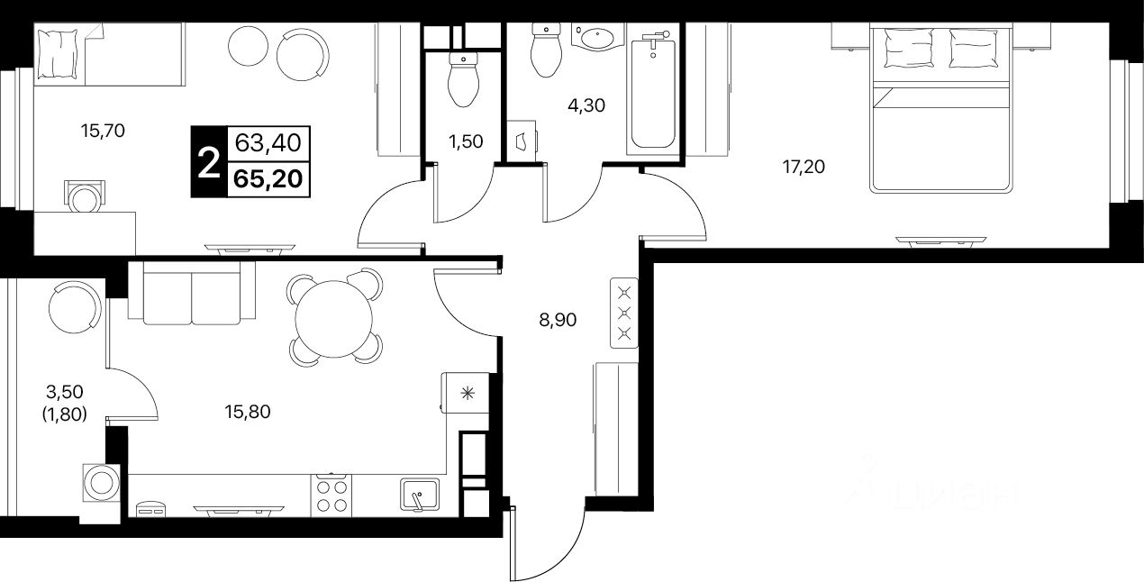 2-комн.кв., 65,2 м², 3/12 этаж
