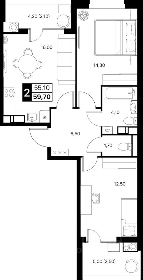 2-комн.кв., 59,7 м², 8/12 этаж