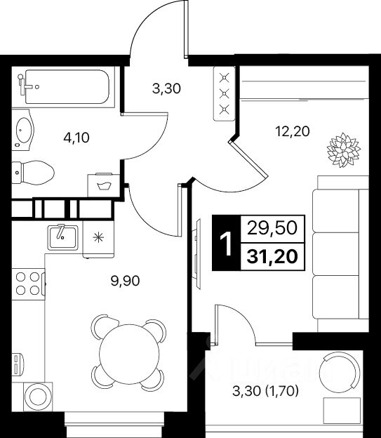 1-комн.кв., 31,2 м², 6/12 этаж