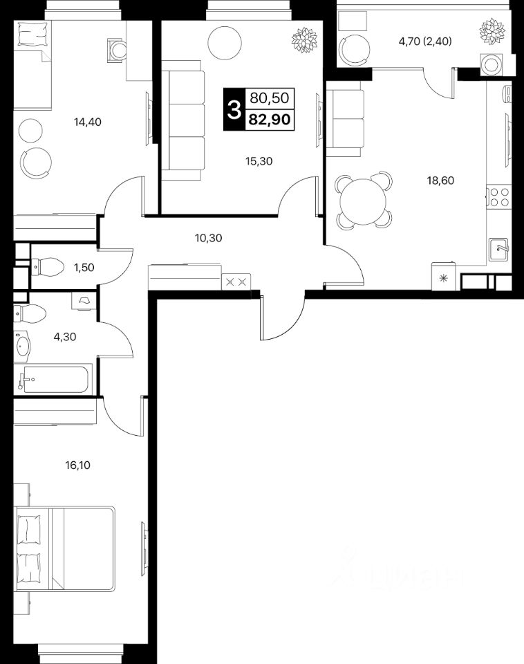 3-комн.кв., 82,9 м², 7/12 этаж