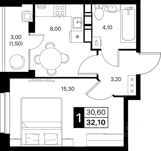 1-комн.кв., 32,1 м², 11/12 этаж