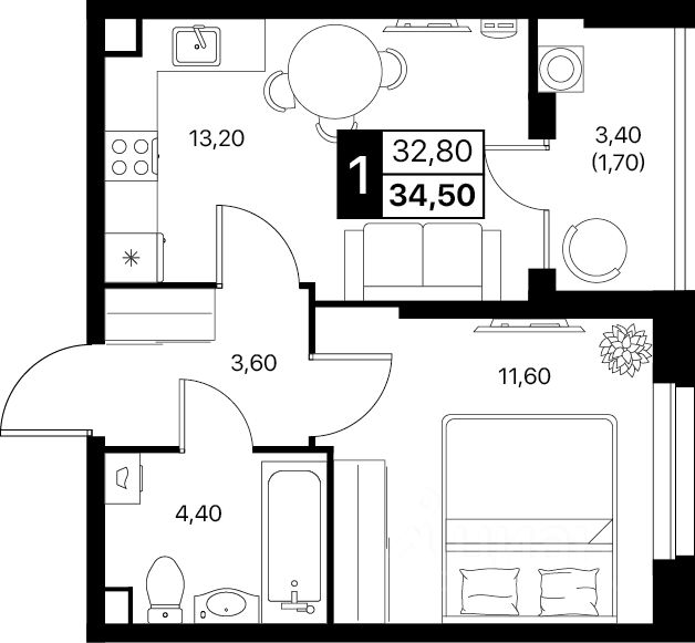 1-комн.кв., 34,5 м², 2/12 этаж