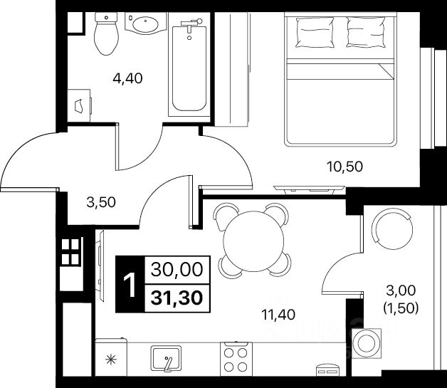 1-комн.кв., 31,3 м², 2/12 этаж