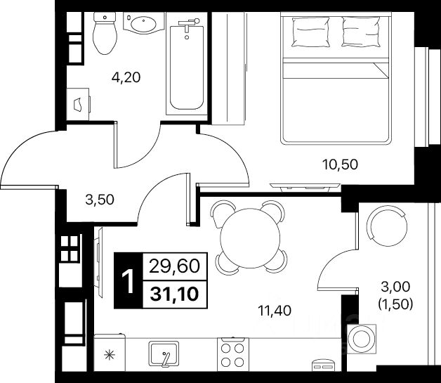 1-комн.кв., 31,1 м², 9/12 этаж