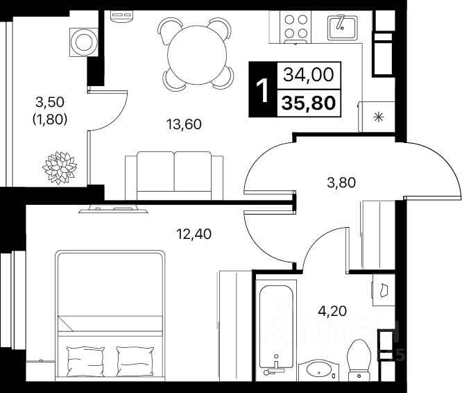 1-комн.кв., 35,8 м², 5/12 этаж