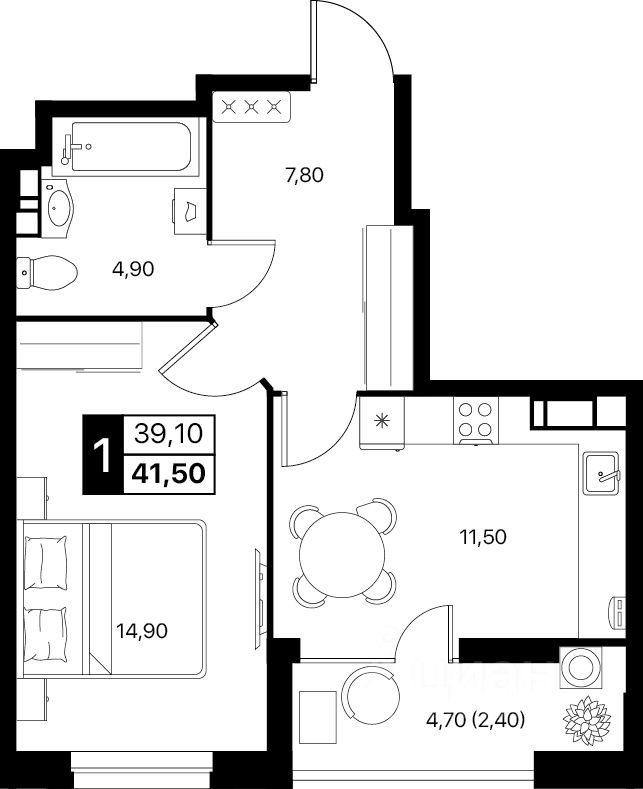 1-комн.кв., 41,5 м², 12/12 этаж