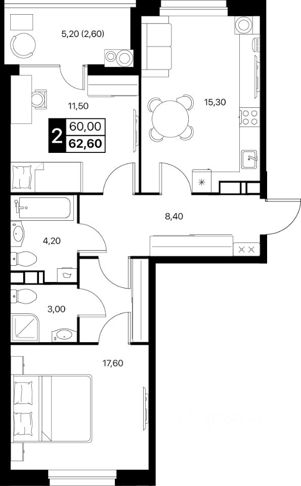 2-комн.кв., 62,6 м², 12/12 этаж