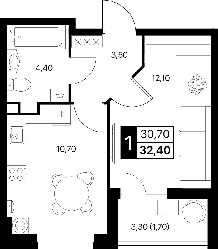 1-комн.кв., 32,4 м², 2/12 этаж