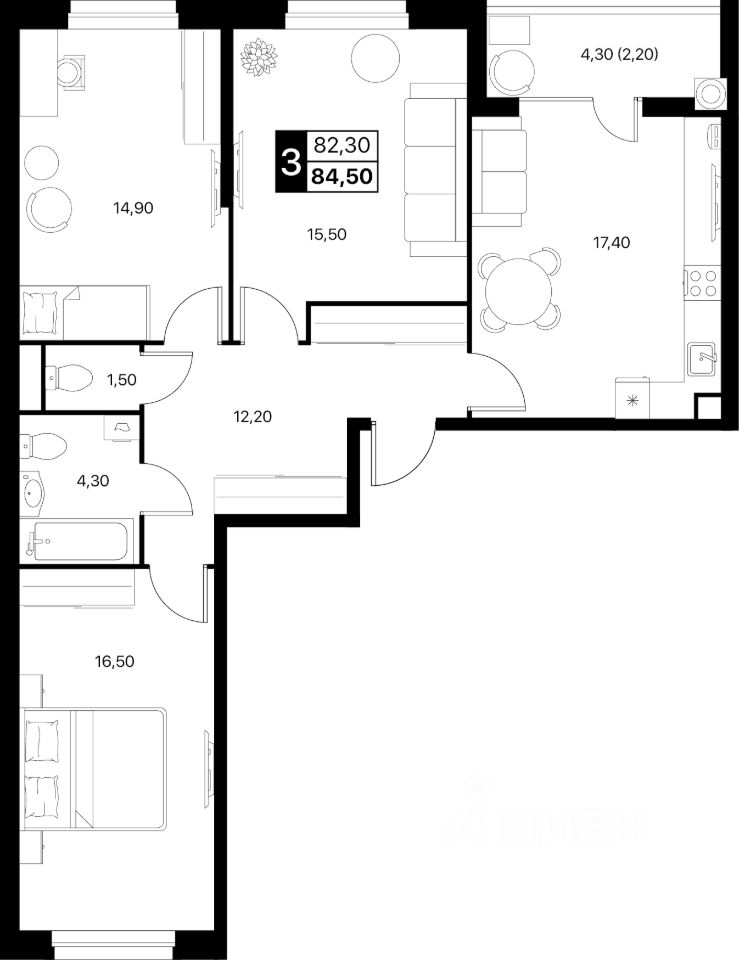 3-комн.кв., 84,5 м², 2/12 этаж