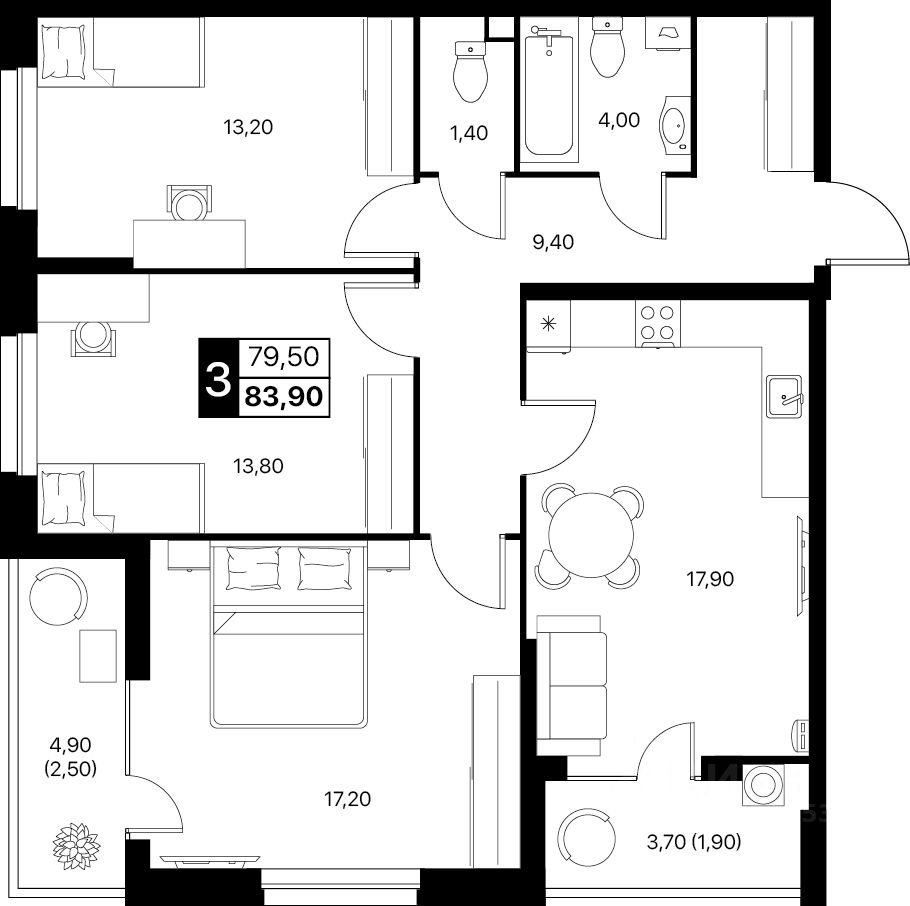 3-комн.кв., 83,9 м², 2/12 этаж