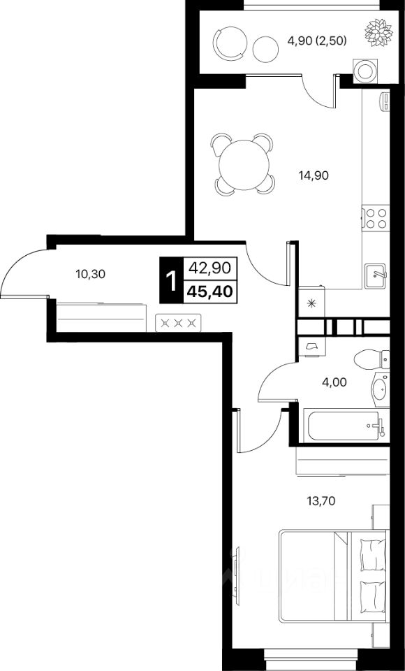 1-комн.кв., 45,4 м², 9/12 этаж