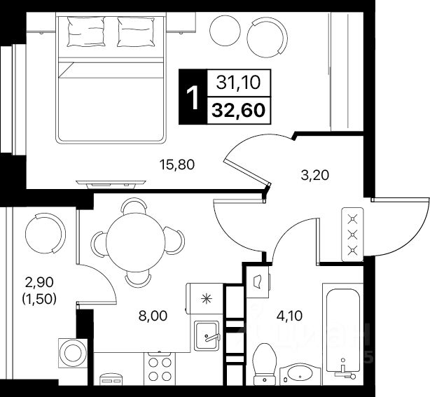1-комн.кв., 32,6 м², 6/12 этаж