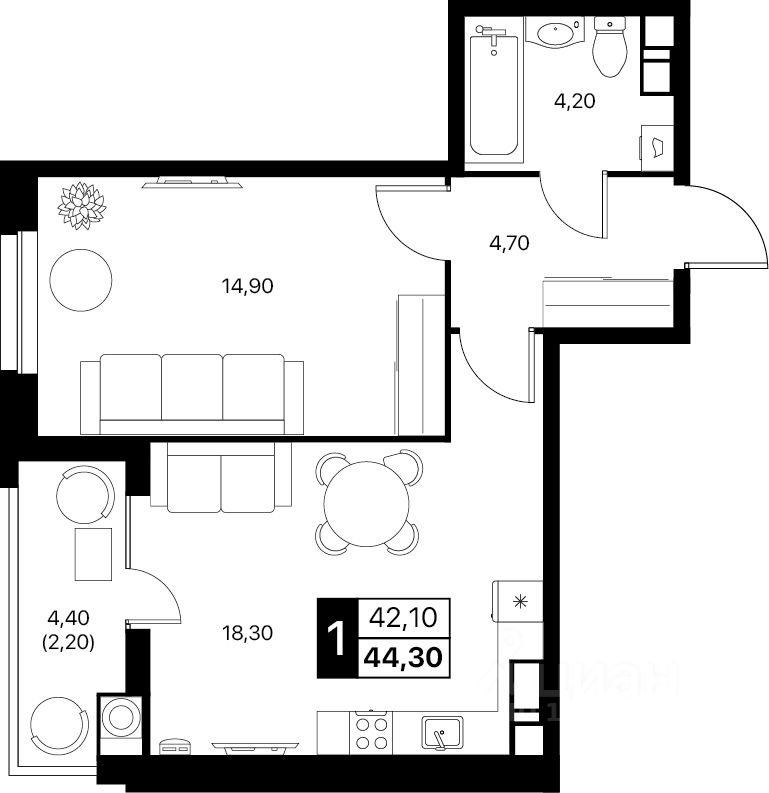 1-комн.кв., 44,3 м², 12/20 этаж