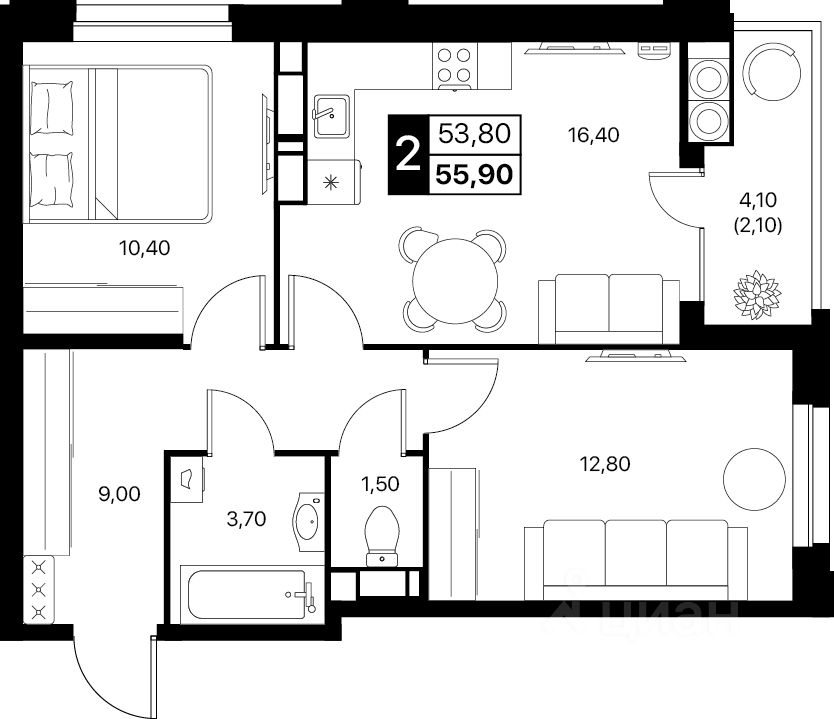 2-комн.кв., 55,9 м², 19/20 этаж