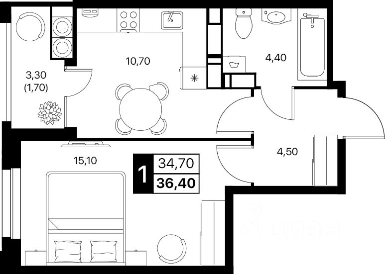 1-комн.кв., 36,4 м², 19/20 этаж