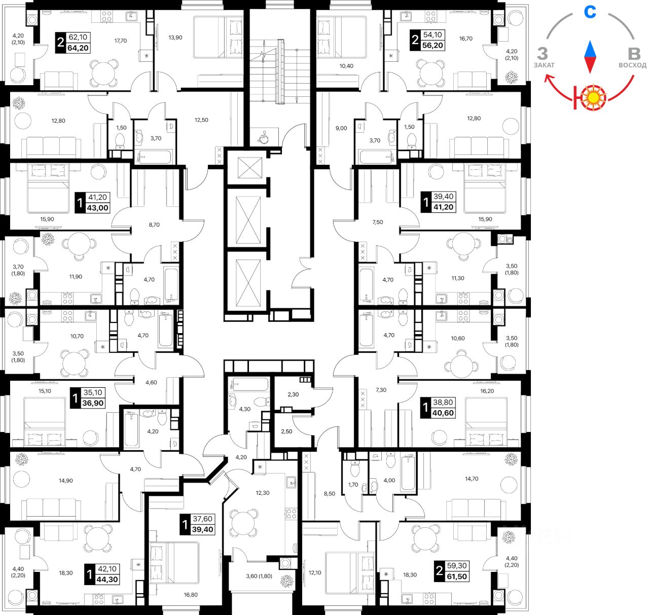 2-комн.кв., 55,8 м², 20/20 этаж