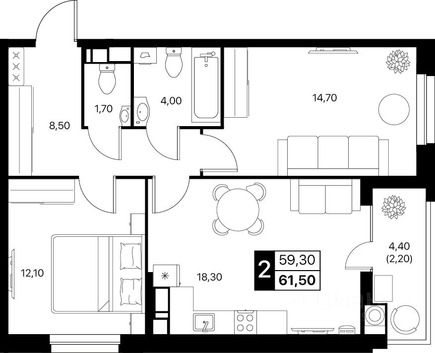 2-комн.кв., 61,5 м², 9/20 этаж
