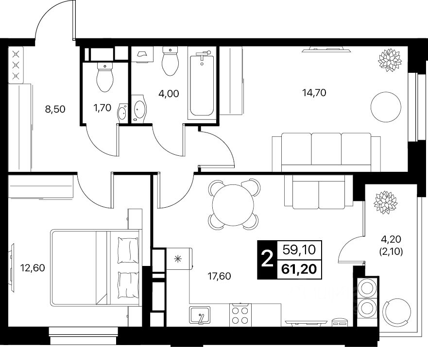2-комн.кв., 61,2 м², 19/20 этаж