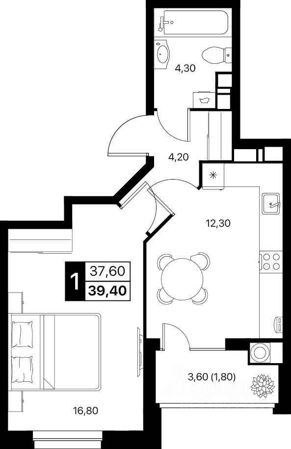 1-комн.кв., 39,4 м², 12/20 этаж