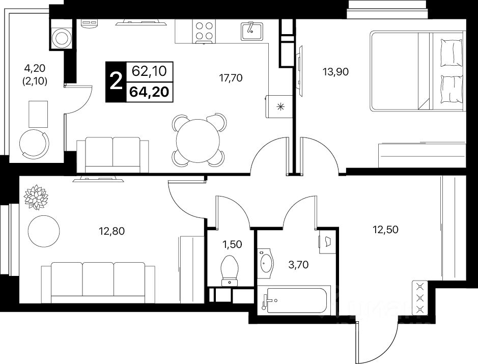 2-комн.кв., 64,2 м², 9/20 этаж
