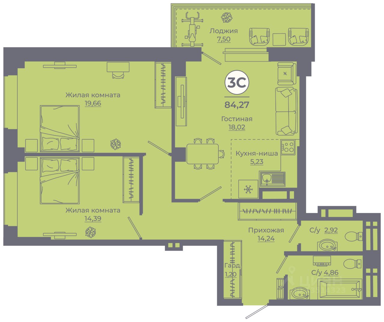 3-комн.кв., 83,6 м², 21/24 этаж