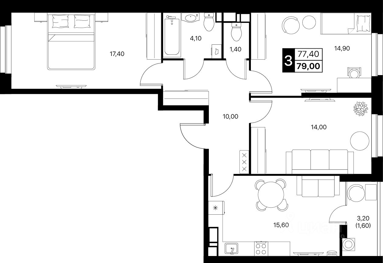 3-комн.кв., 79 м², 7/12 этаж