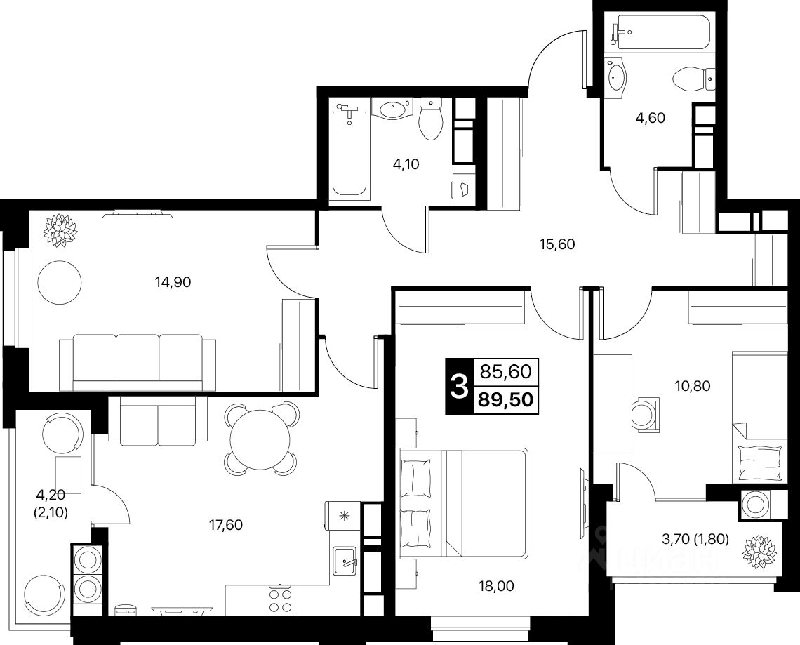 3-комн.кв., 89,5 м², 18/20 этаж