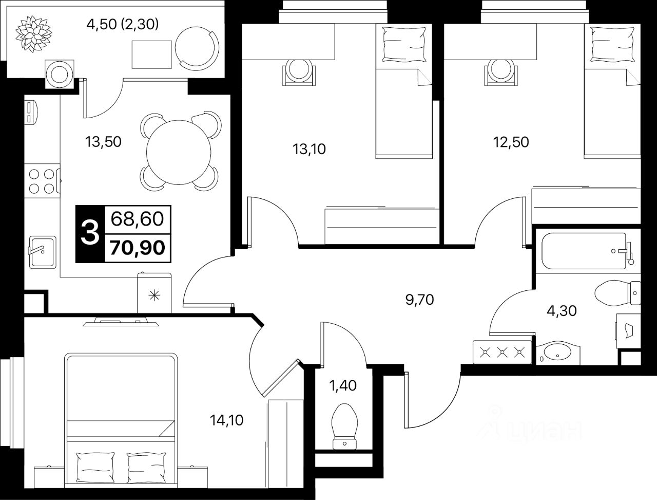 3-комн.кв., 70,9 м², 2/12 этаж