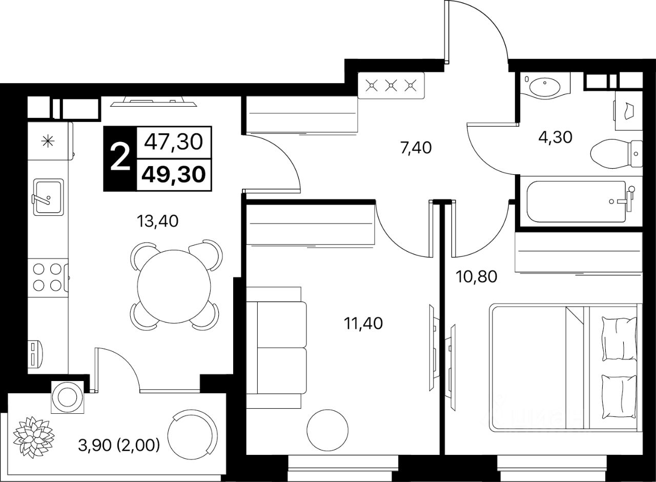 2-комн.кв., 49,3 м², 6/12 этаж