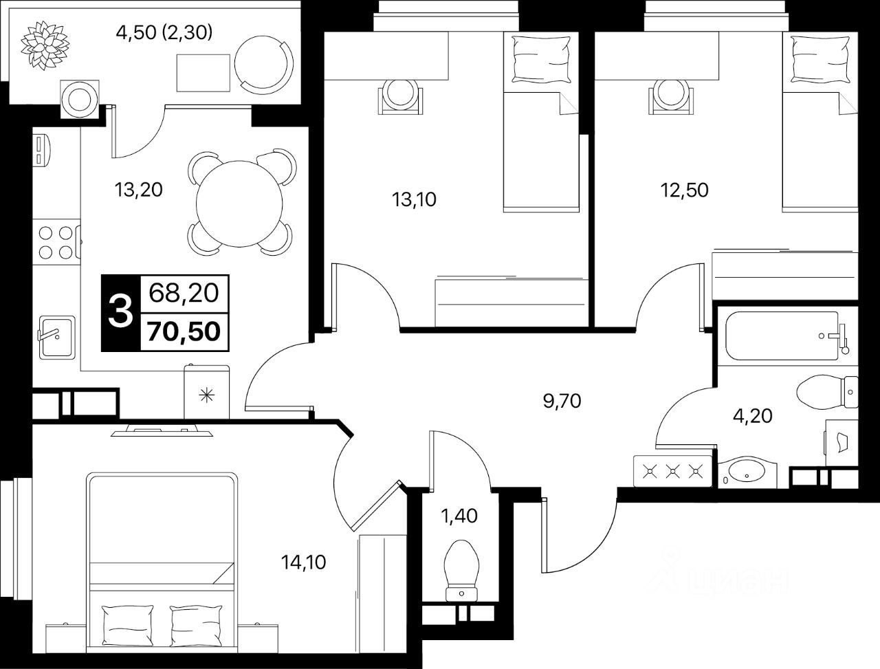 3-комн.кв., 70,5 м², 6/12 этаж