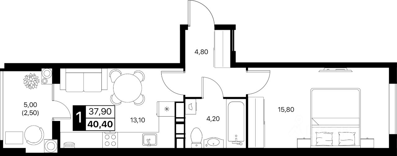 1-комн.кв., 40,4 м², 3/12 этаж