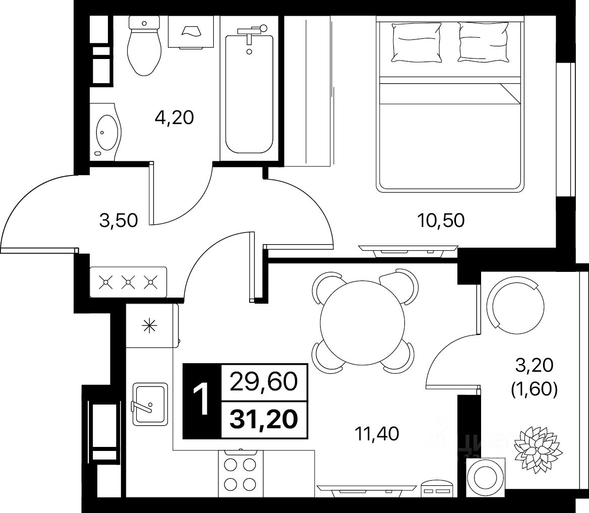 1-комн.кв., 31,2 м², 7/12 этаж