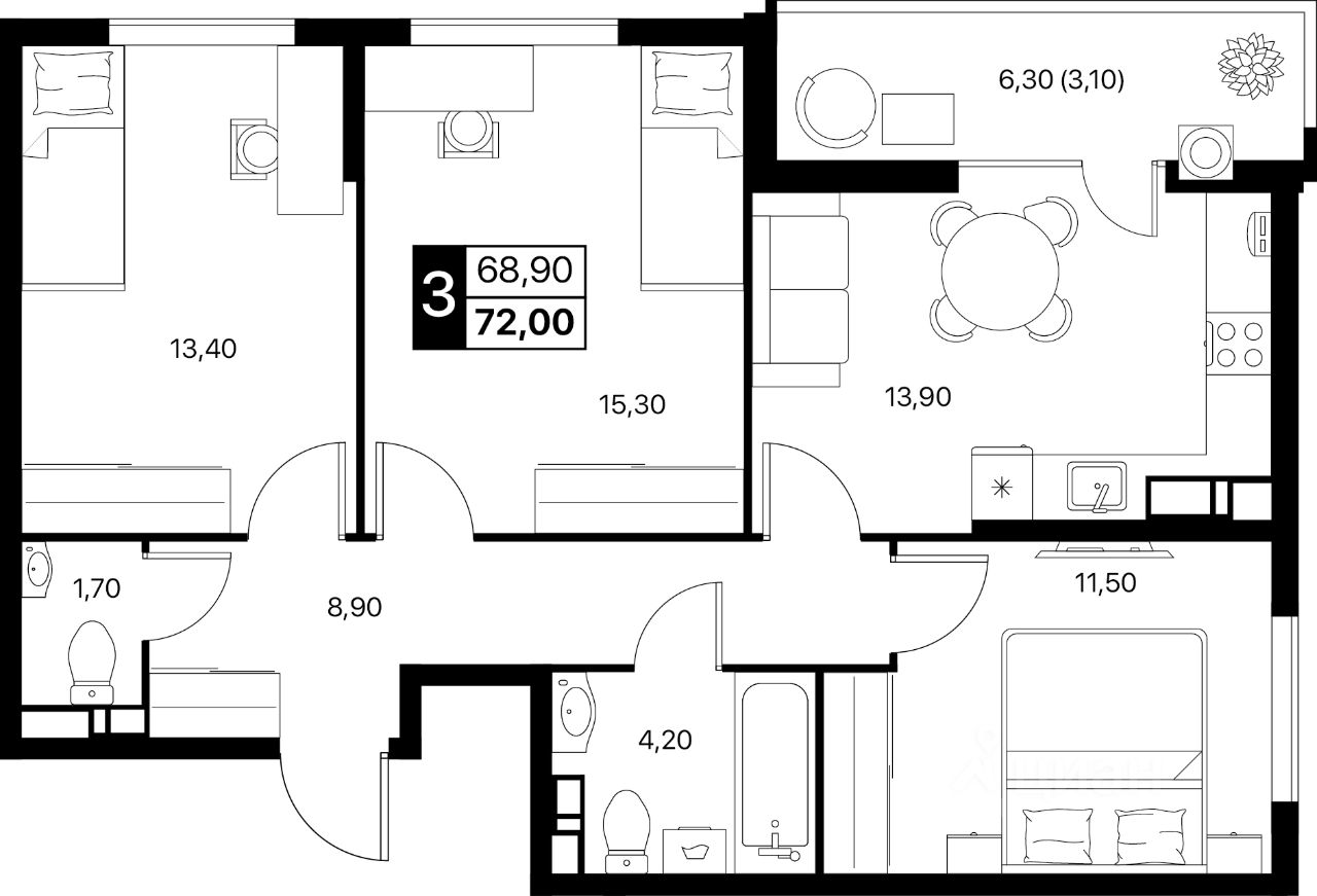 3-комн.кв., 72 м², 12/12 этаж