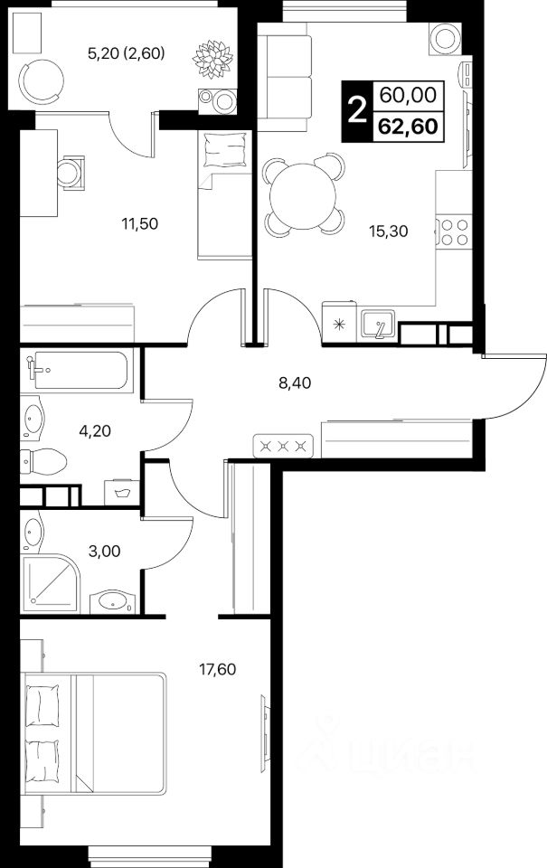2-комн.кв., 62,6 м², 12/12 этаж