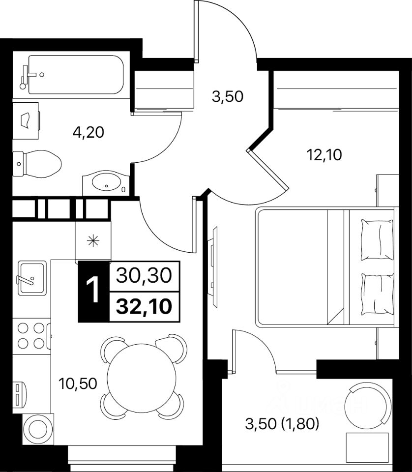 1-комн.кв., 32,1 м², 5/12 этаж