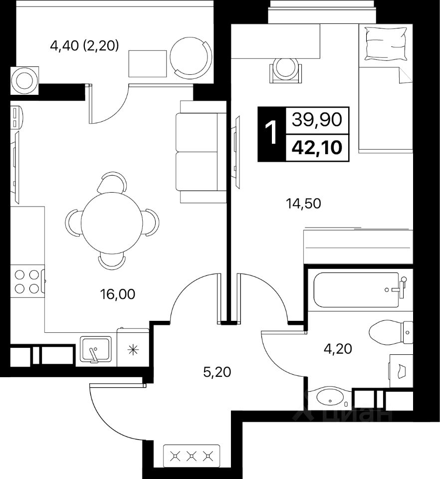 1-комн.кв., 42,1 м², 9/12 этаж