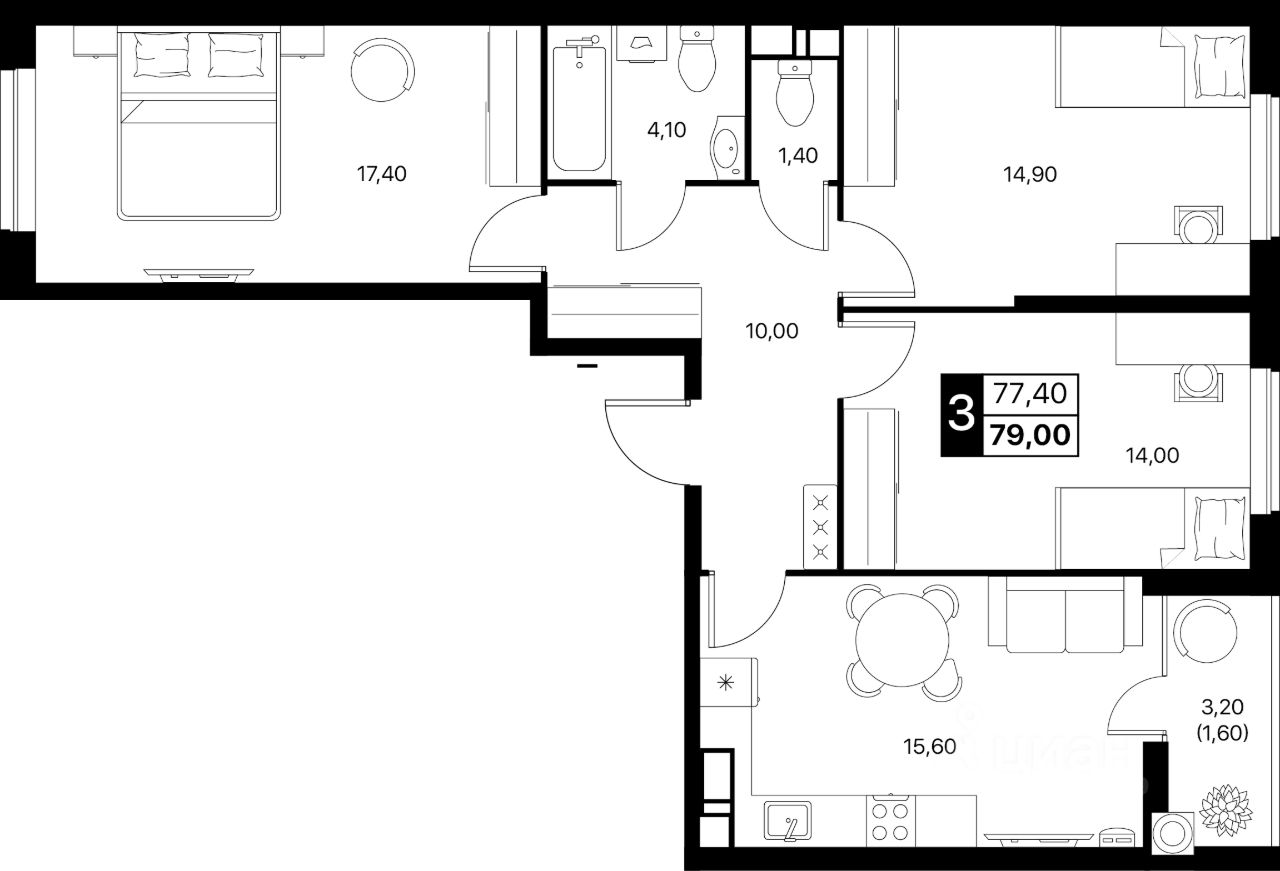 3-комн.кв., 79 м², 3/12 этаж