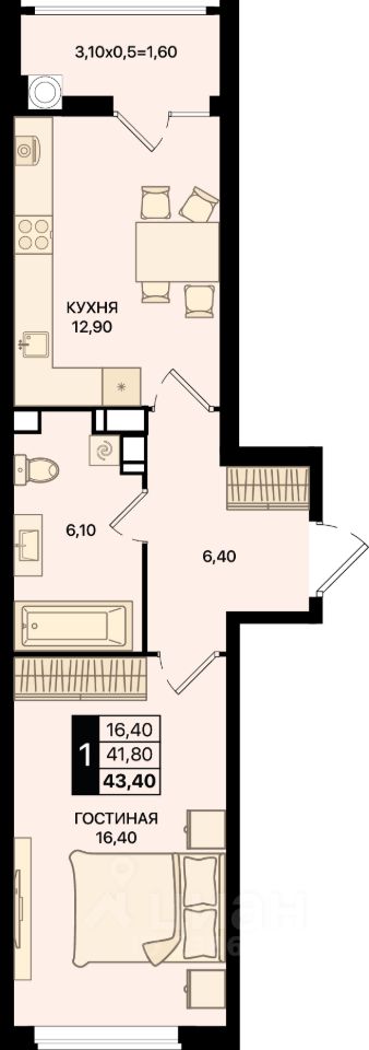 1-комн.кв., 43,4 м², 10/18 этаж
