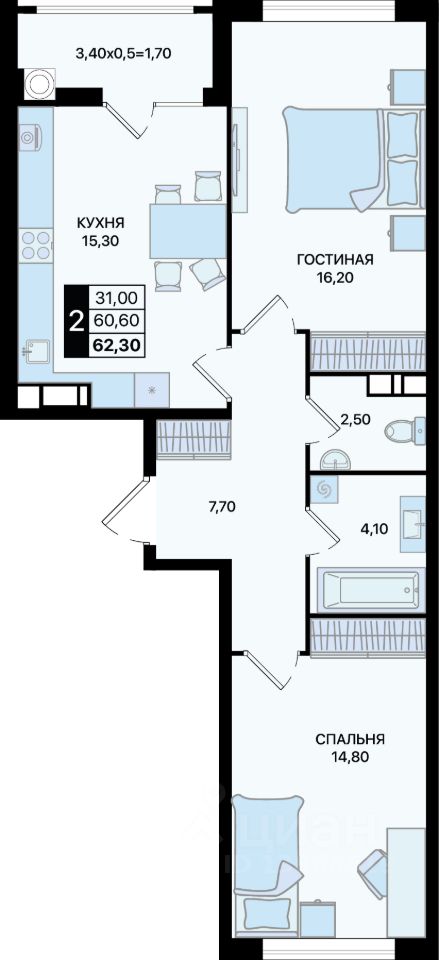 2-комн.кв., 62,3 м², 5/18 этаж