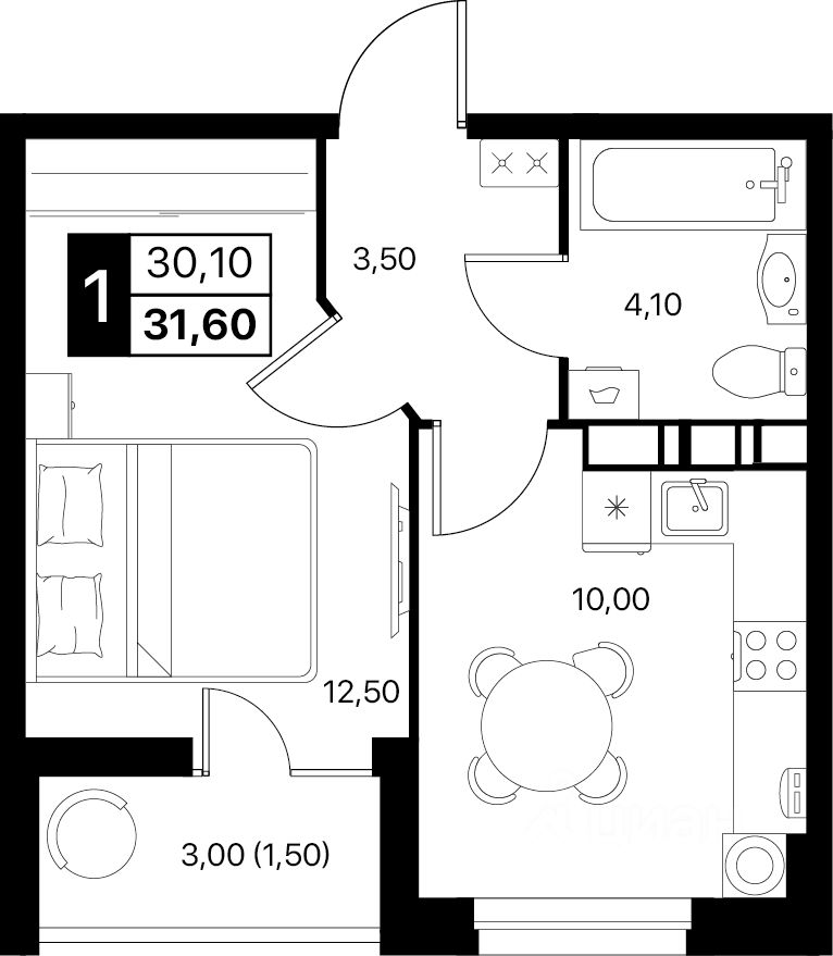 1-комн.кв., 31,6 м², 6/20 этаж