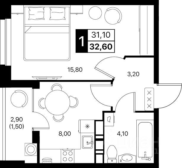 1-комн.кв., 32,6 м², 3/20 этаж