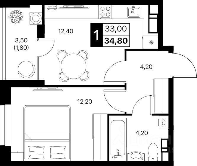 1-комн.кв., 34,8 м², 7/20 этаж