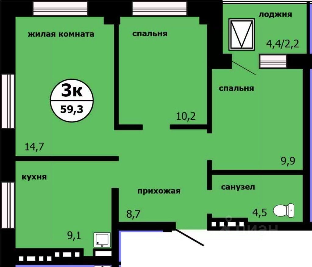 3-комн.кв., 58,4 м², 3/19 этаж