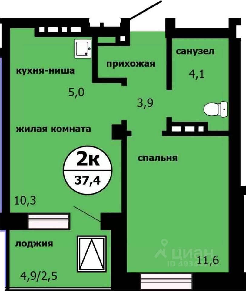 2-комн.кв., 37,1 м², 4/19 этаж