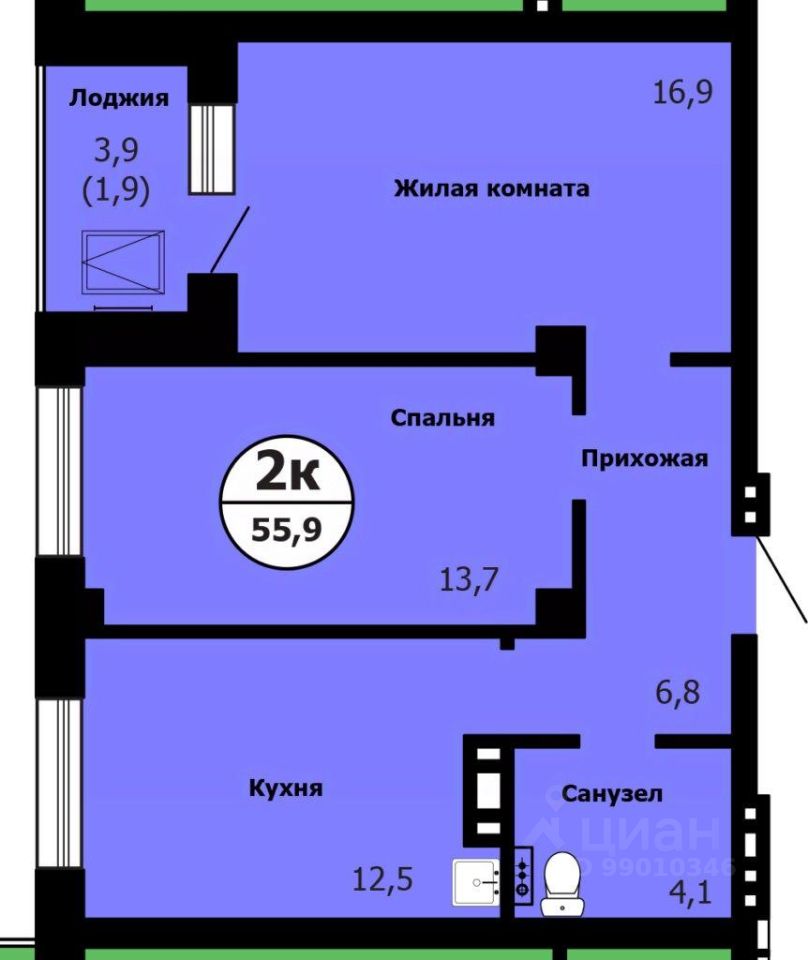 2-комн.кв., 56,1 м², 4/26 этаж