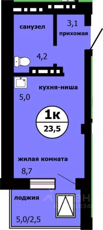 Студия, 23,1 м², 15/19 этаж