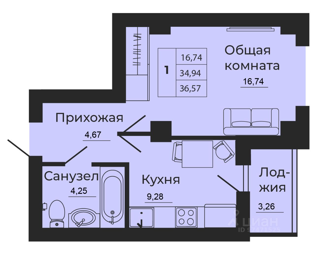 1-комн.кв., 36,6 м², 9/24 этаж